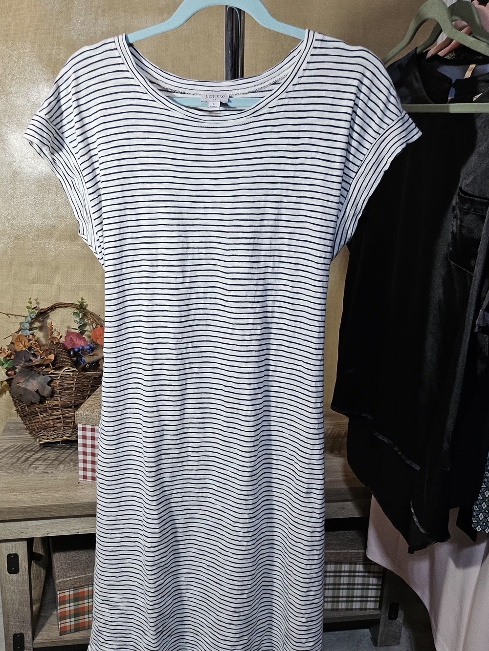 J. Crew Women's White and Navy Striped T-Shirt Dress